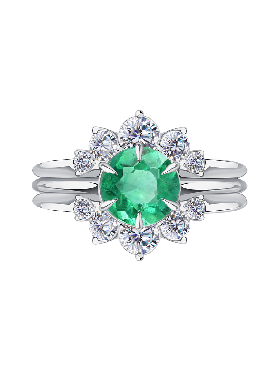 Кольцо из белого золота 585 с изумрудом и муассанитами