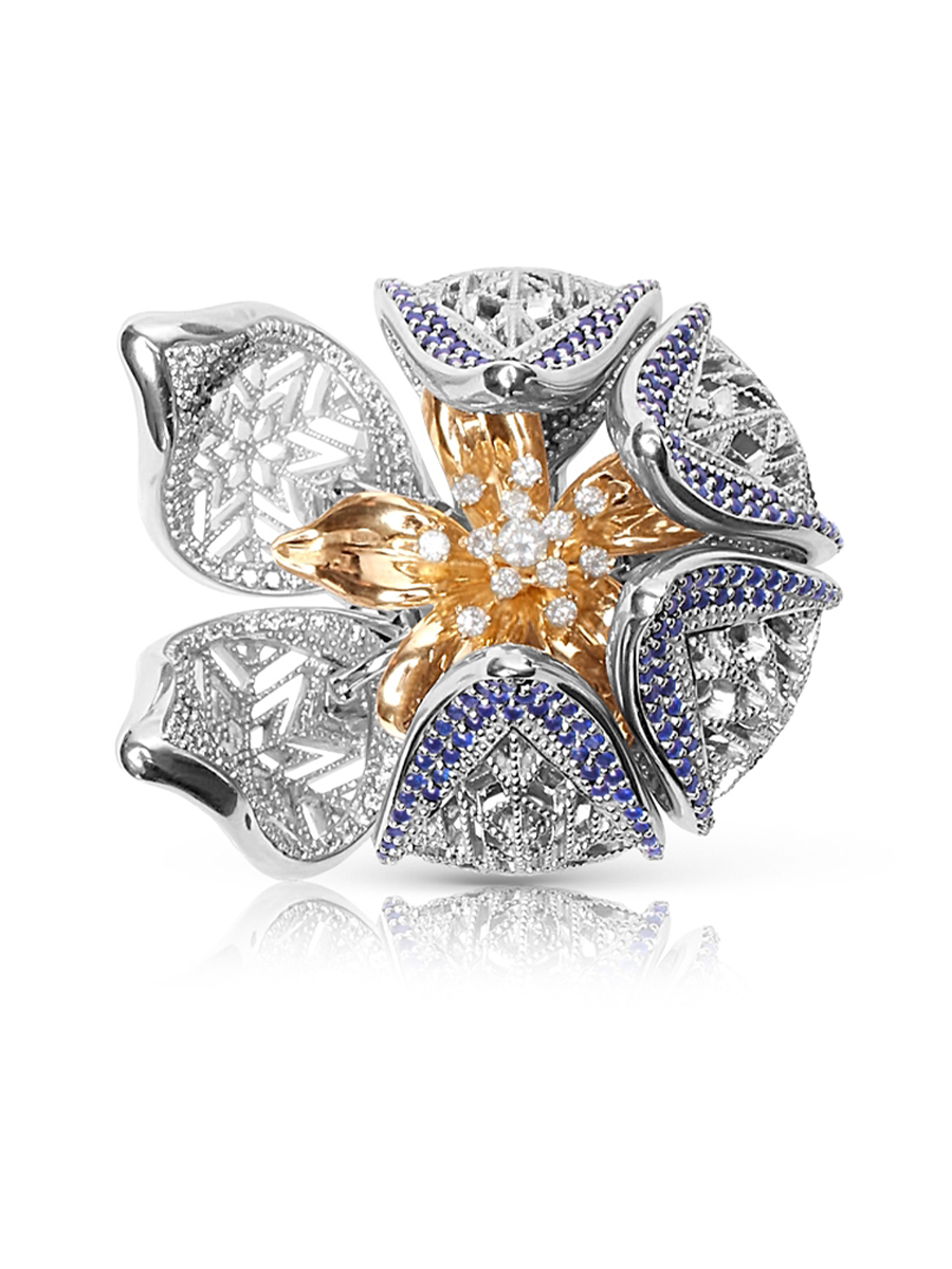 Кольцо эксклюзивное золотое 585 Бутон лотоса с бриллиантами и сапфирами