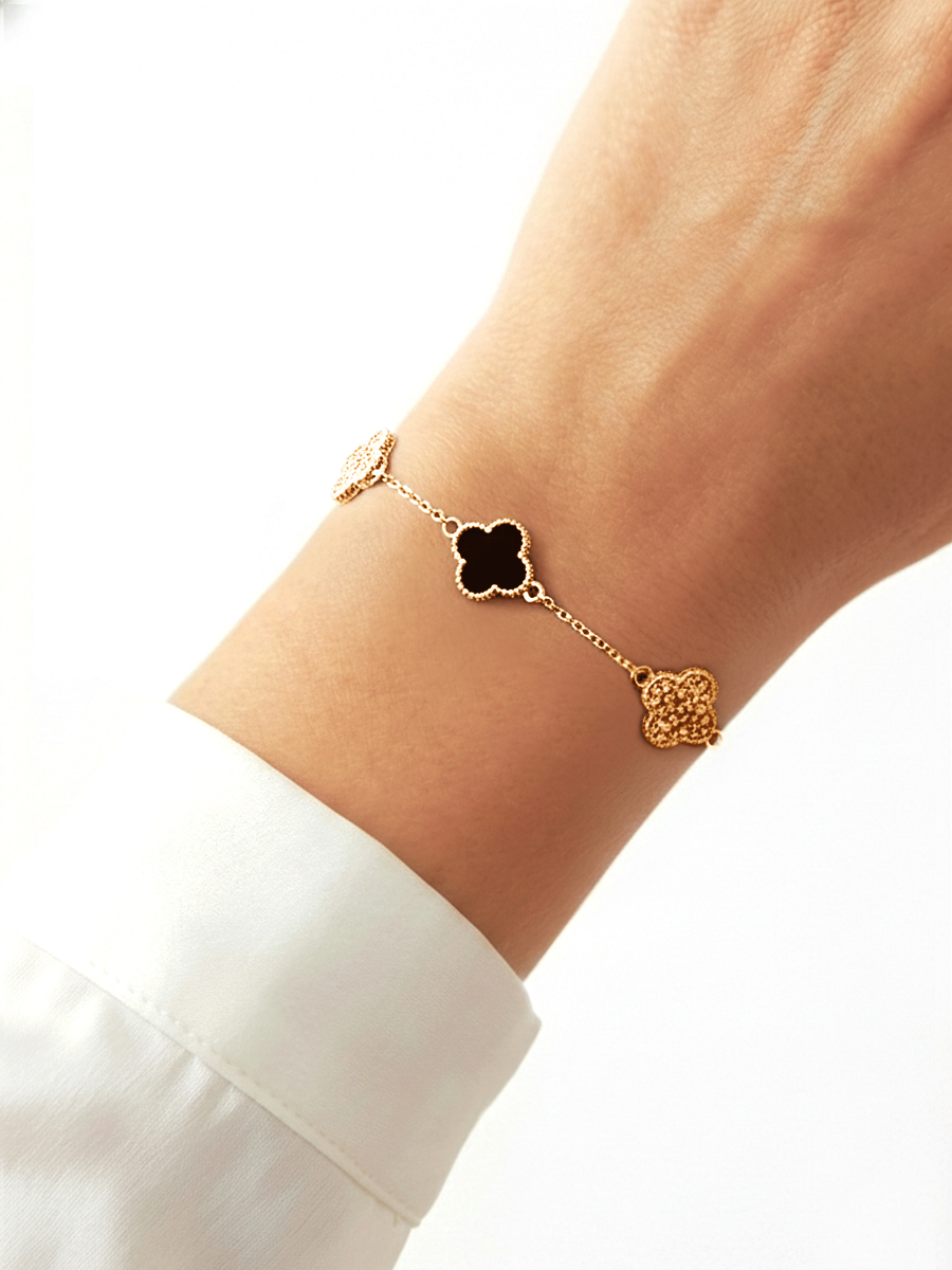 Браслет клевер золотой 585 с черной эмалью 