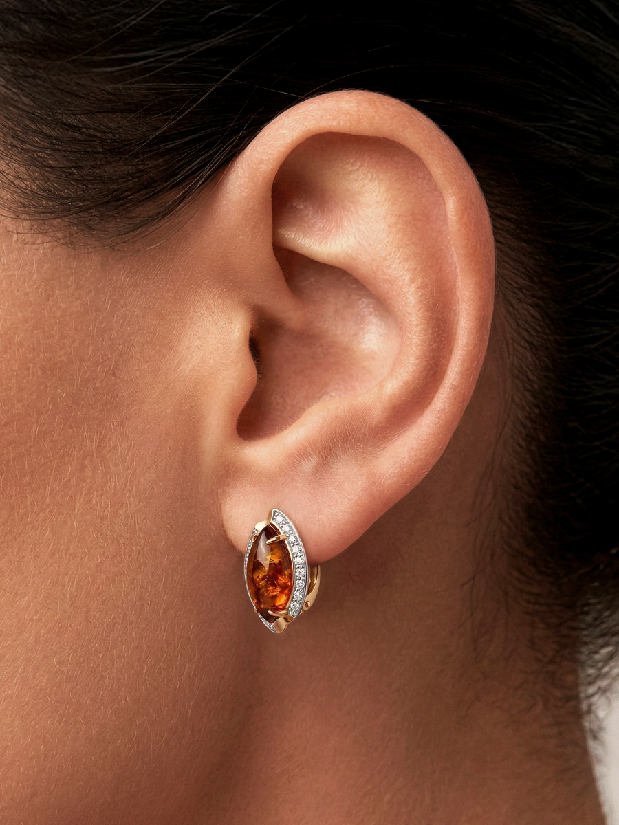 Серьги золотые 585 с янтарём и фианитами