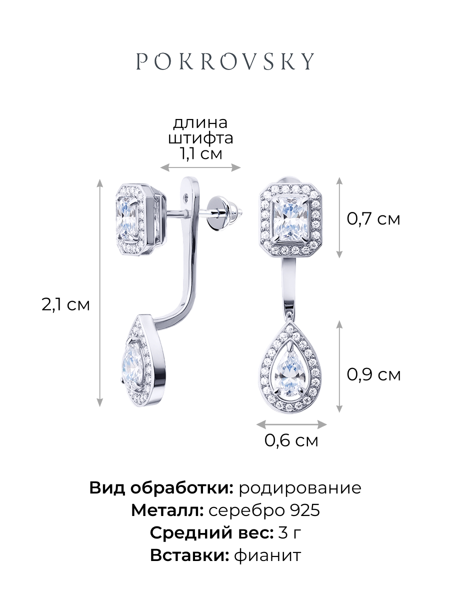 Серьги пусеты серебряные 925 с фианитами