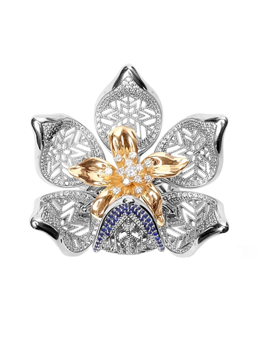 Кольцо эксклюзивное золотое 585 Бутон лотоса с бриллиантами и сапфирами