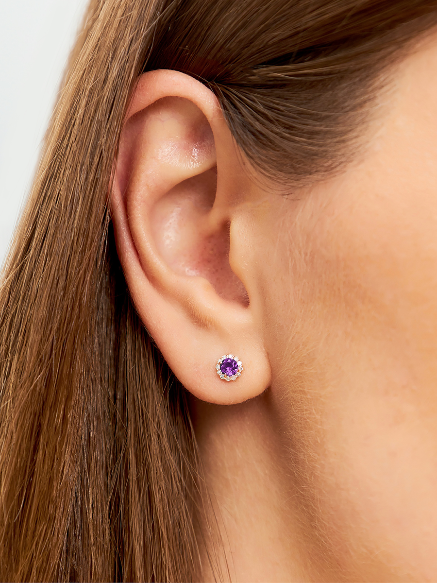 Серьги пусеты золотые 585 с аметистами и фианитами 