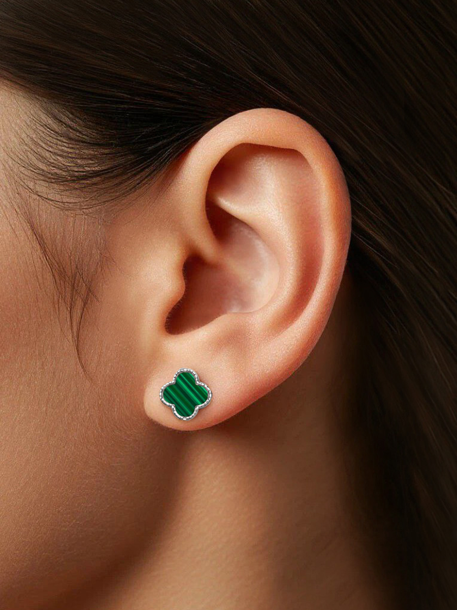 Серьги пусеты серебряные 925 с зеленым малахитом