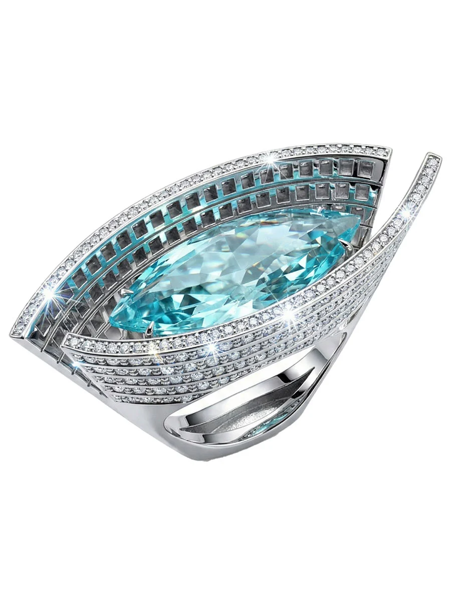 Кольцо из белого золота 585 с аквамарином сапфирами и бриллиантами 