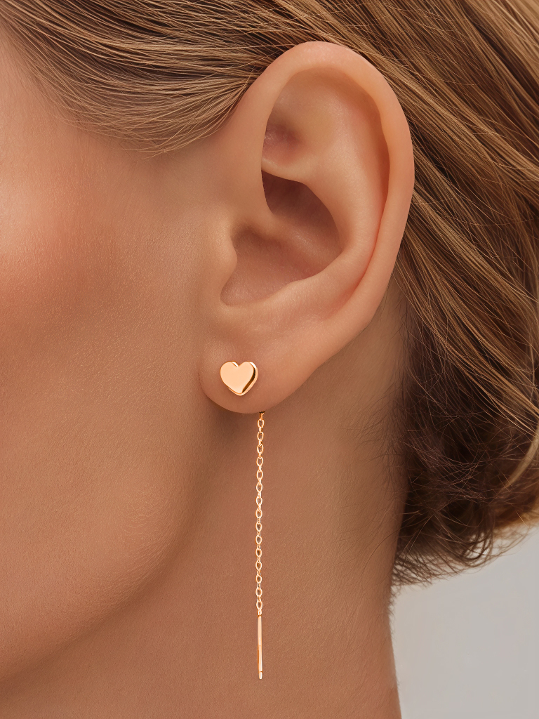 Серьги цепочки золотые 585 сердце без камней