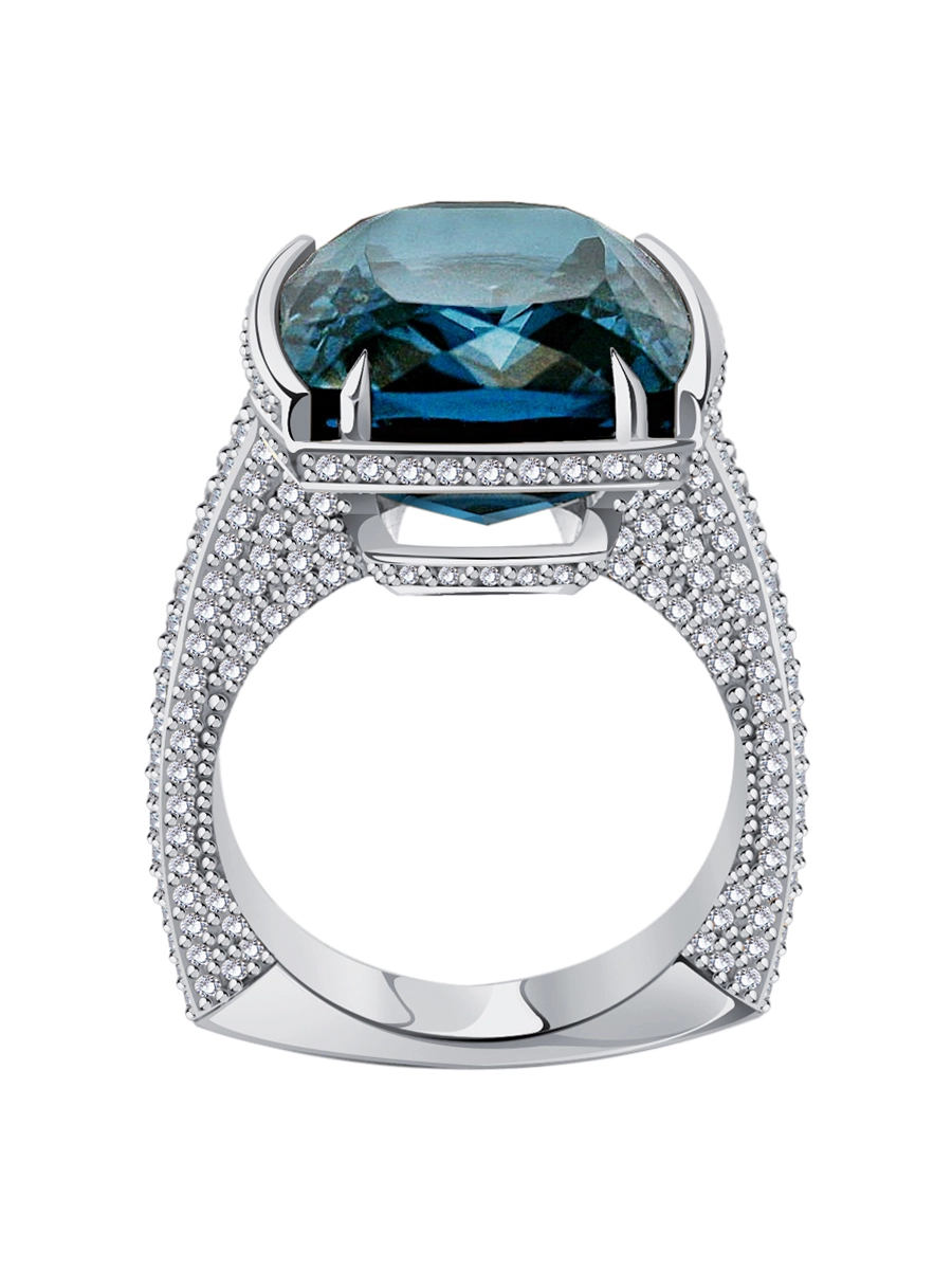 Кольцо из белого золота 585 с лондон‑блю топазом и бриллиантами