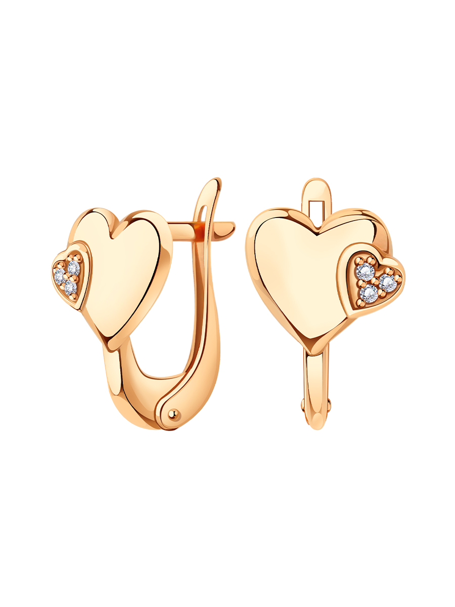 Серьги детские золотые 585 сердечки с камнями фианитами