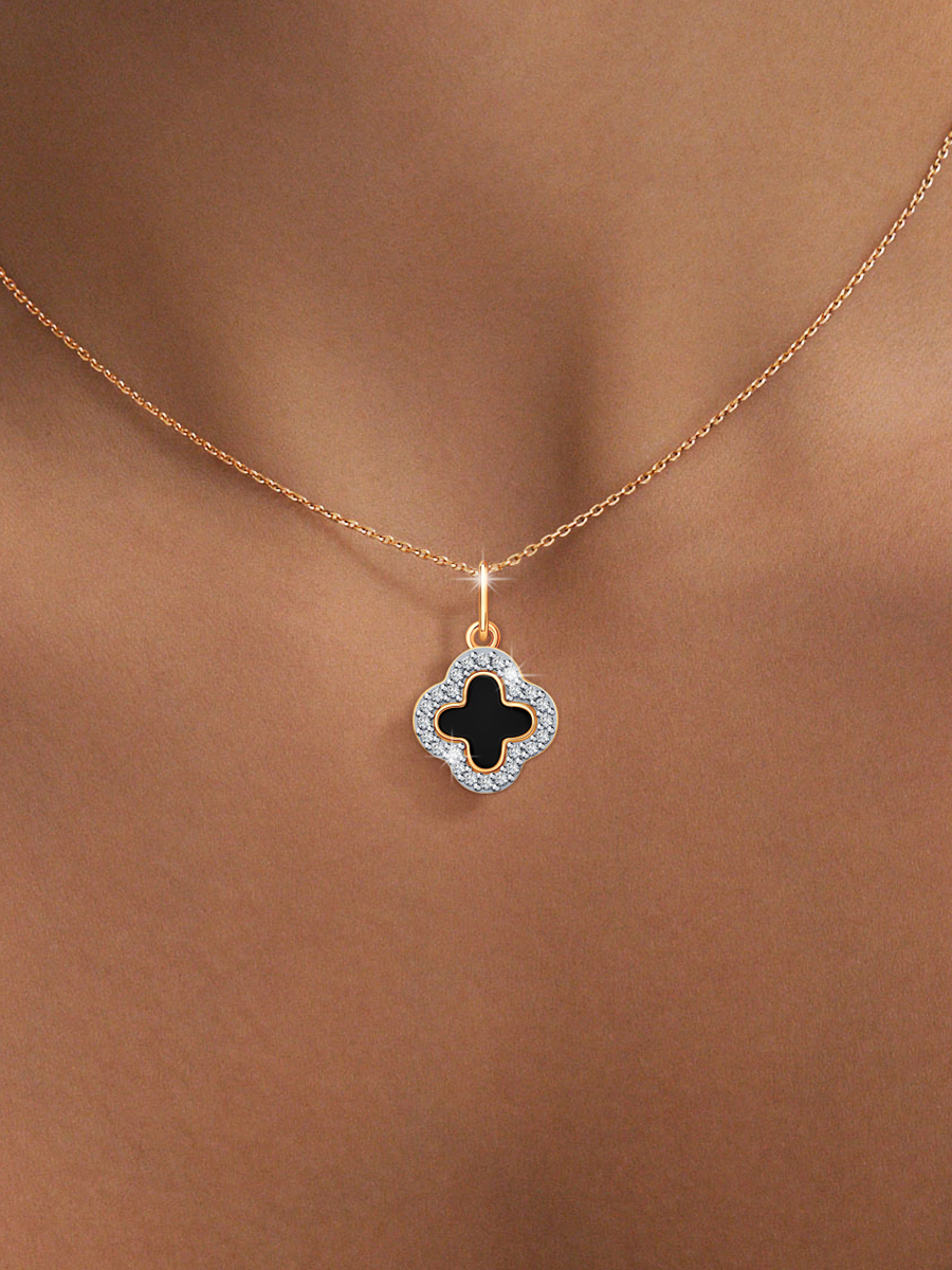 Подвеска клевер золотая 585 с эмалью и фианитами 