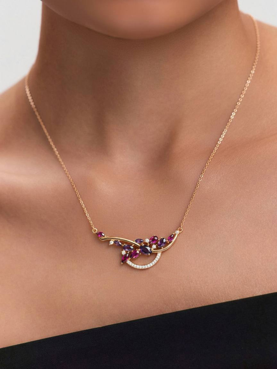 Колье золотое 585 с аметистами и родолитами 