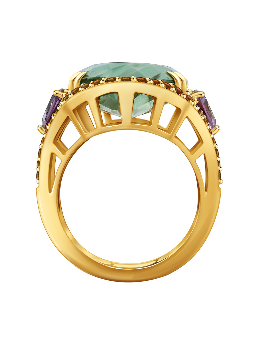 Кольцо золотое 585 с зеленым аметистом и сапфирами 