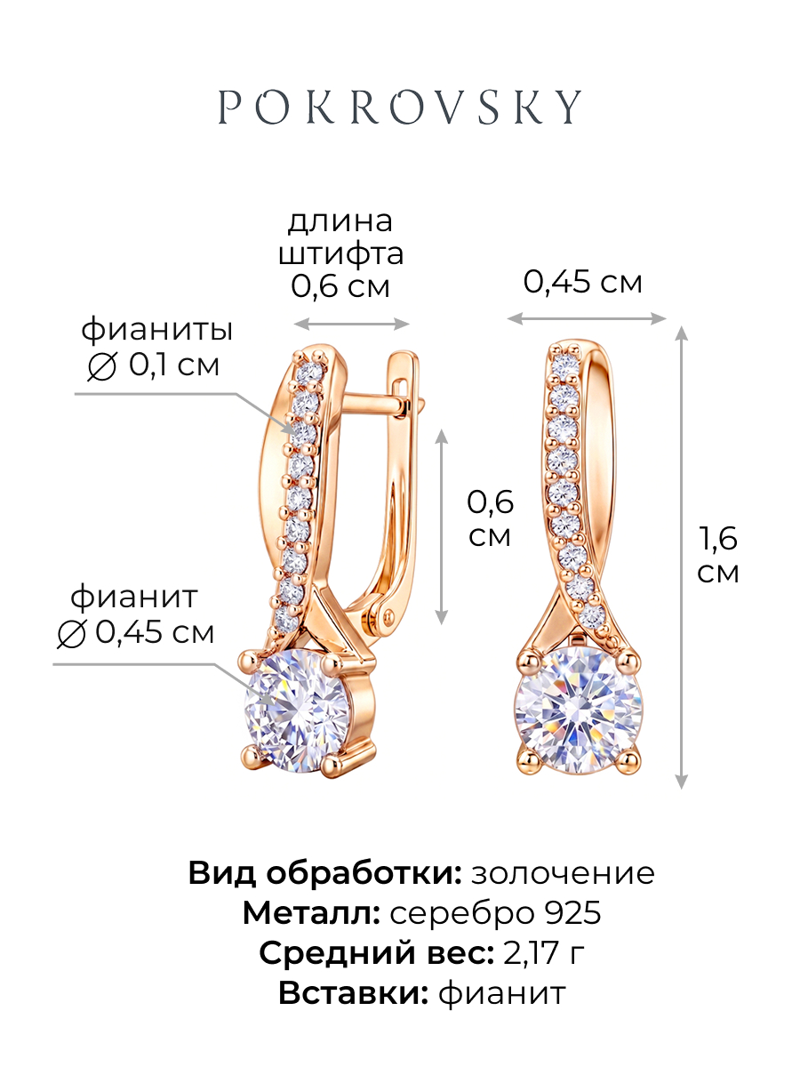 Серьги серебряные 925 с фианитами золочение 