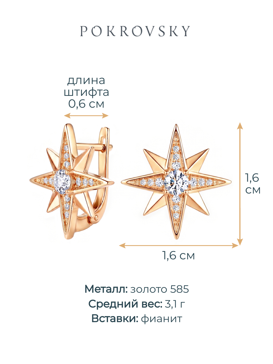 Серьги звезды золотые 585 с камнями фанитами 