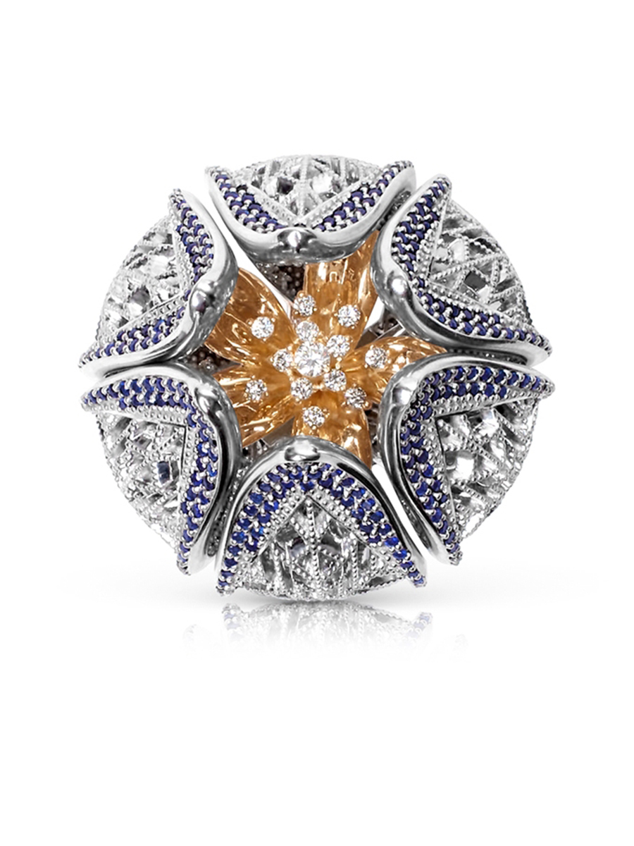 Кольцо эксклюзивное золотое 585 Бутон лотоса с бриллиантами и сапфирами