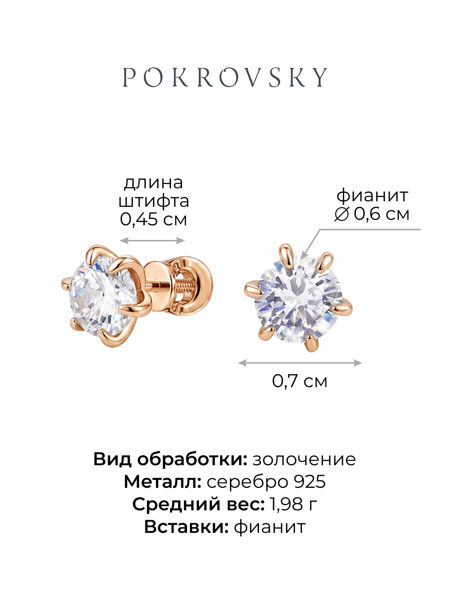 Серьги пусеты серебряные 925 с фианитами