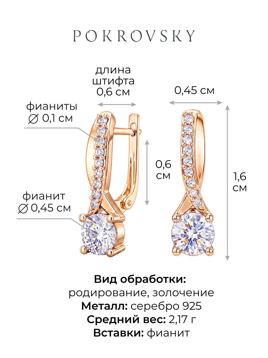 Серьги серебряные 925 с фианитами золочение 