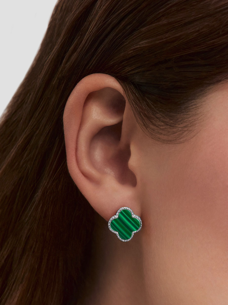 Серьги серебряные 925 клевер с зеленым малахитом