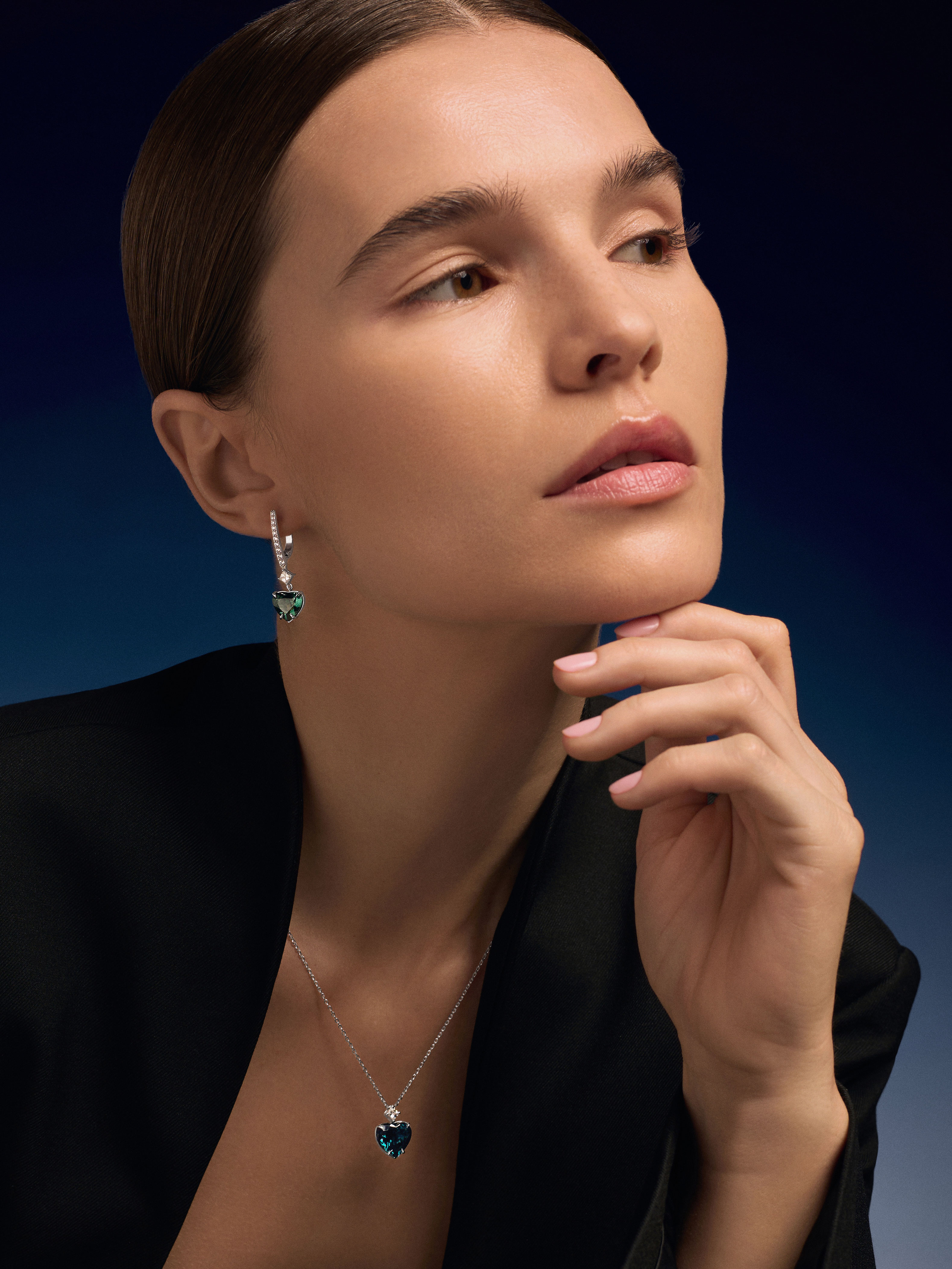 Серьги подвески из белого золота 585 с турмалинами и бриллиантами 