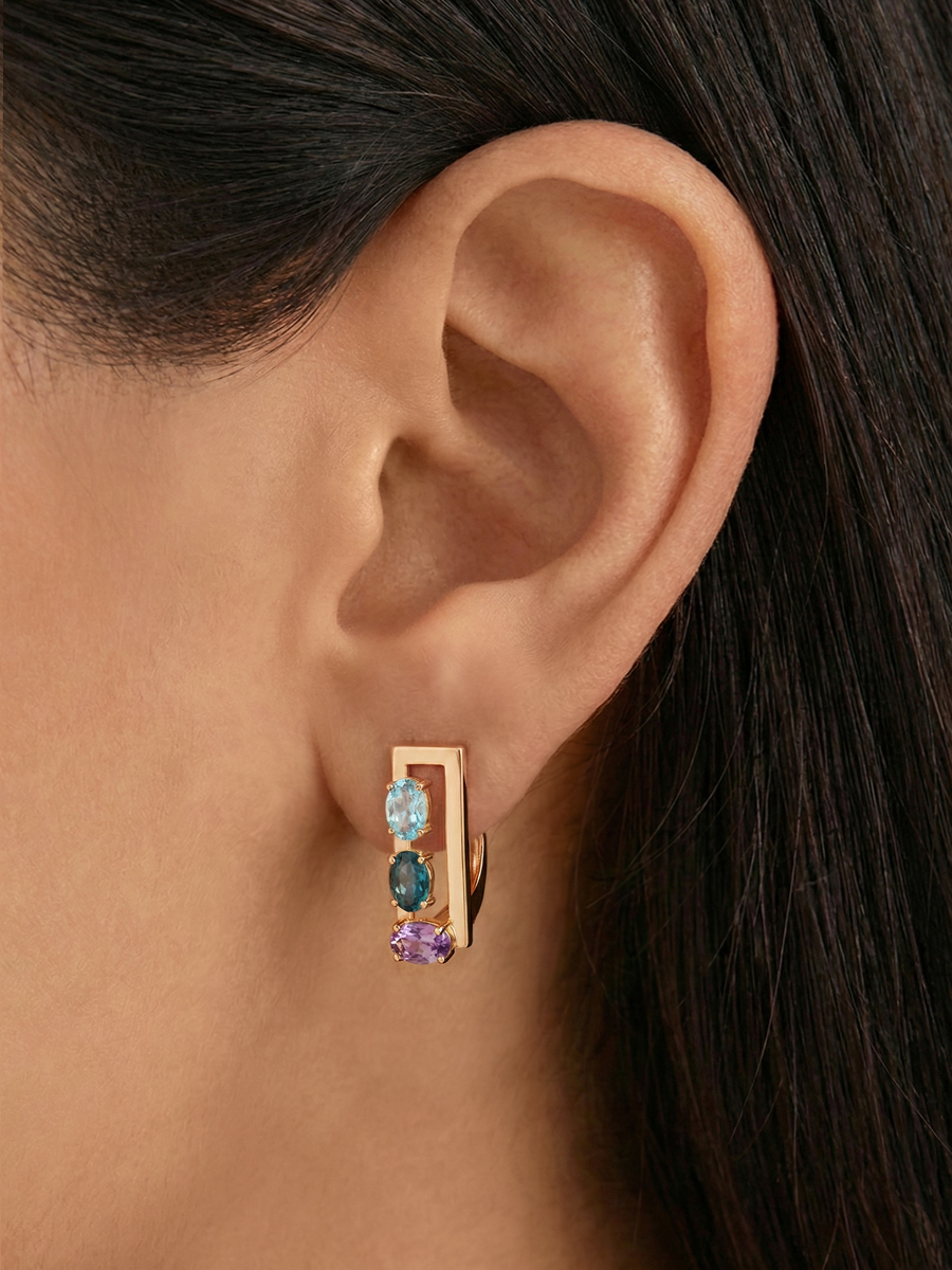 Серьги золотые 585 с аметистами и топазами лондон-блю 