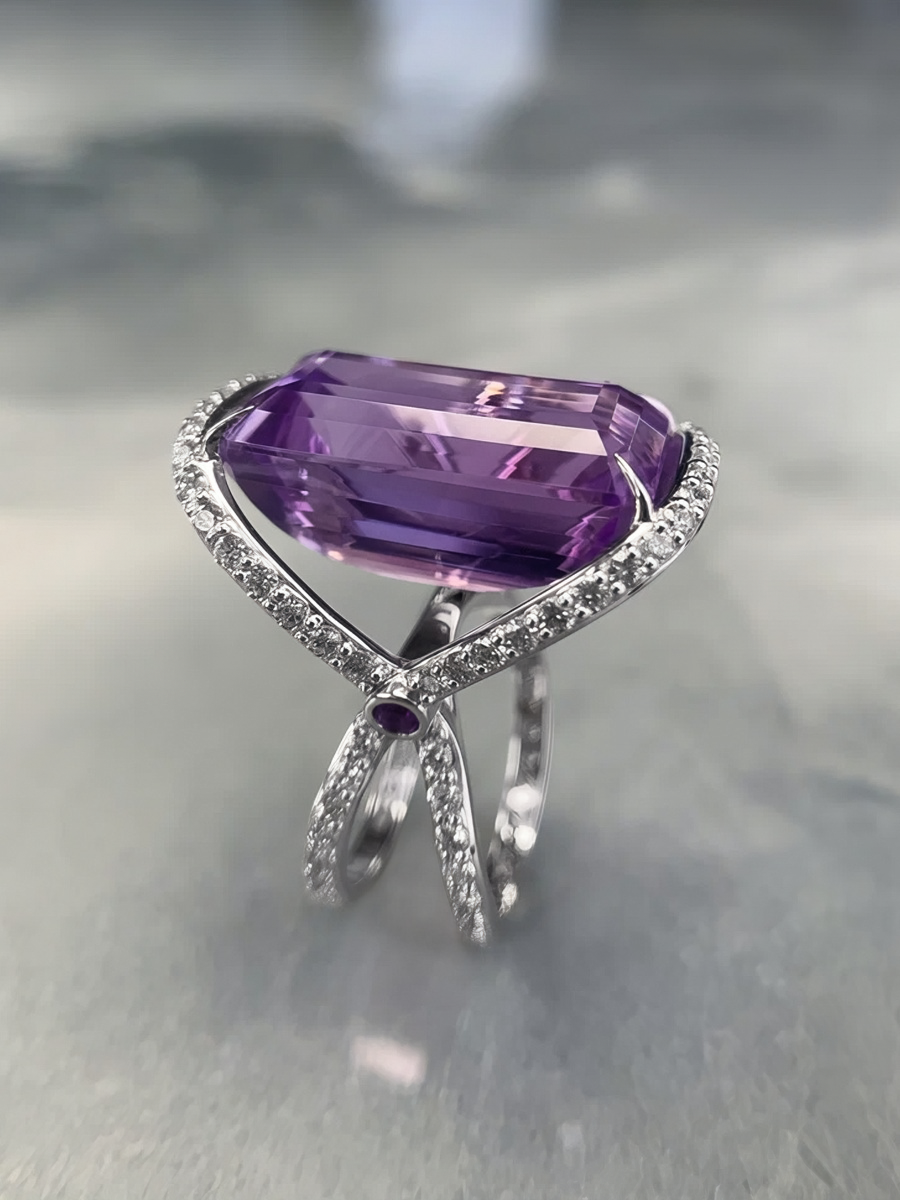 Кольцо из белого золота 585 с аметистом и бриллиантами 