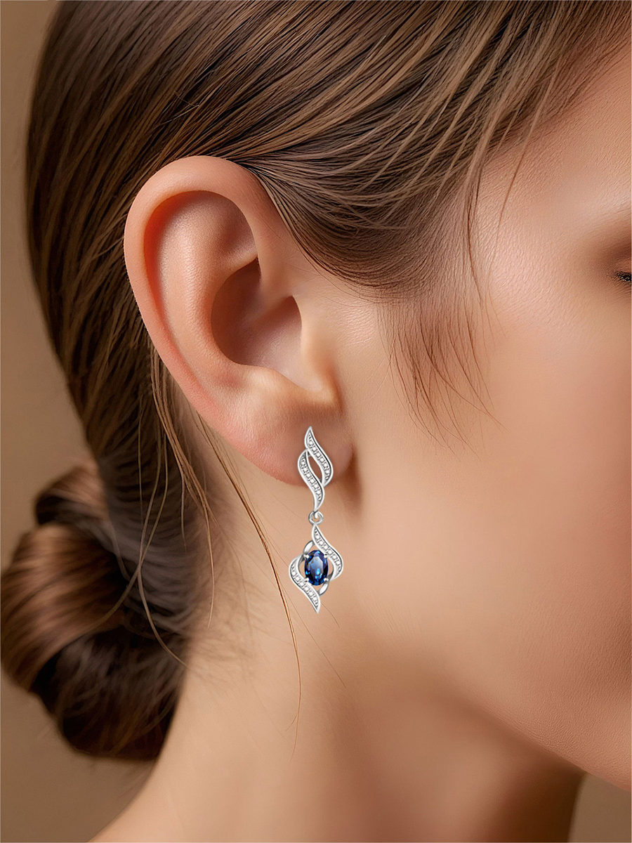 Серьги подвески из белого золота 585 с сапфирами и бриллиантами 