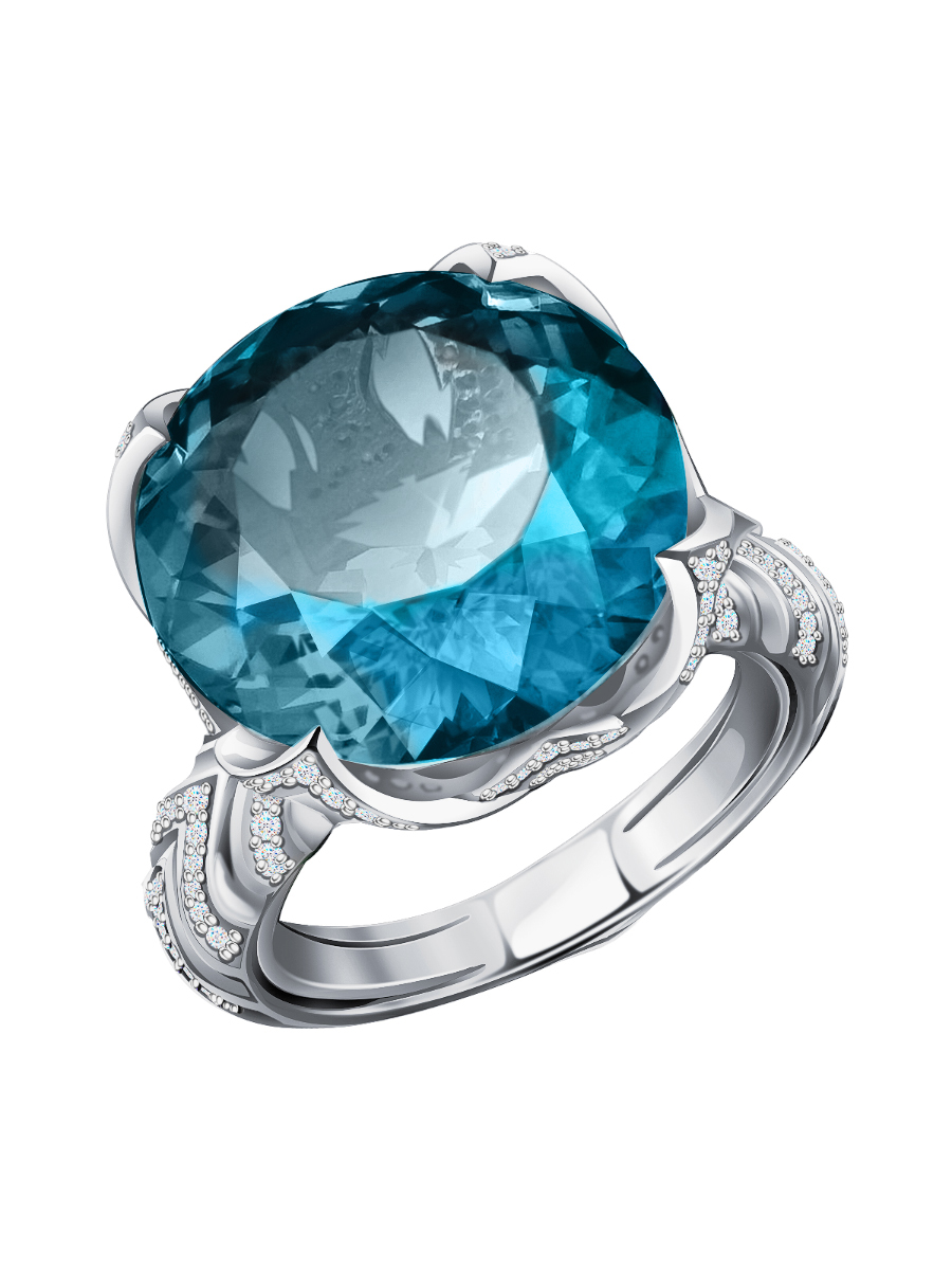 Кольцо из белого золота 585 с лондон‑блю топазом и бриллиантами 
