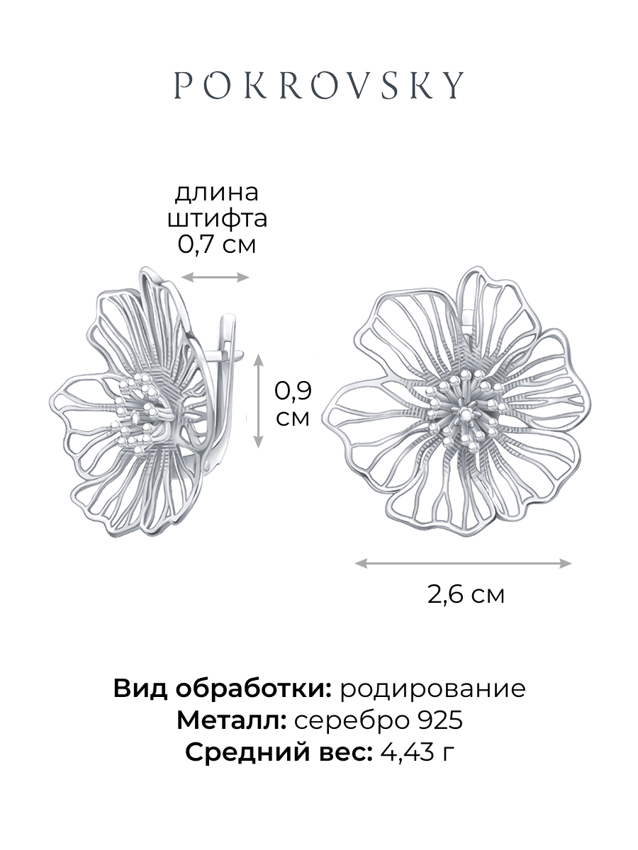 Серьги серебряные 925 цветы 