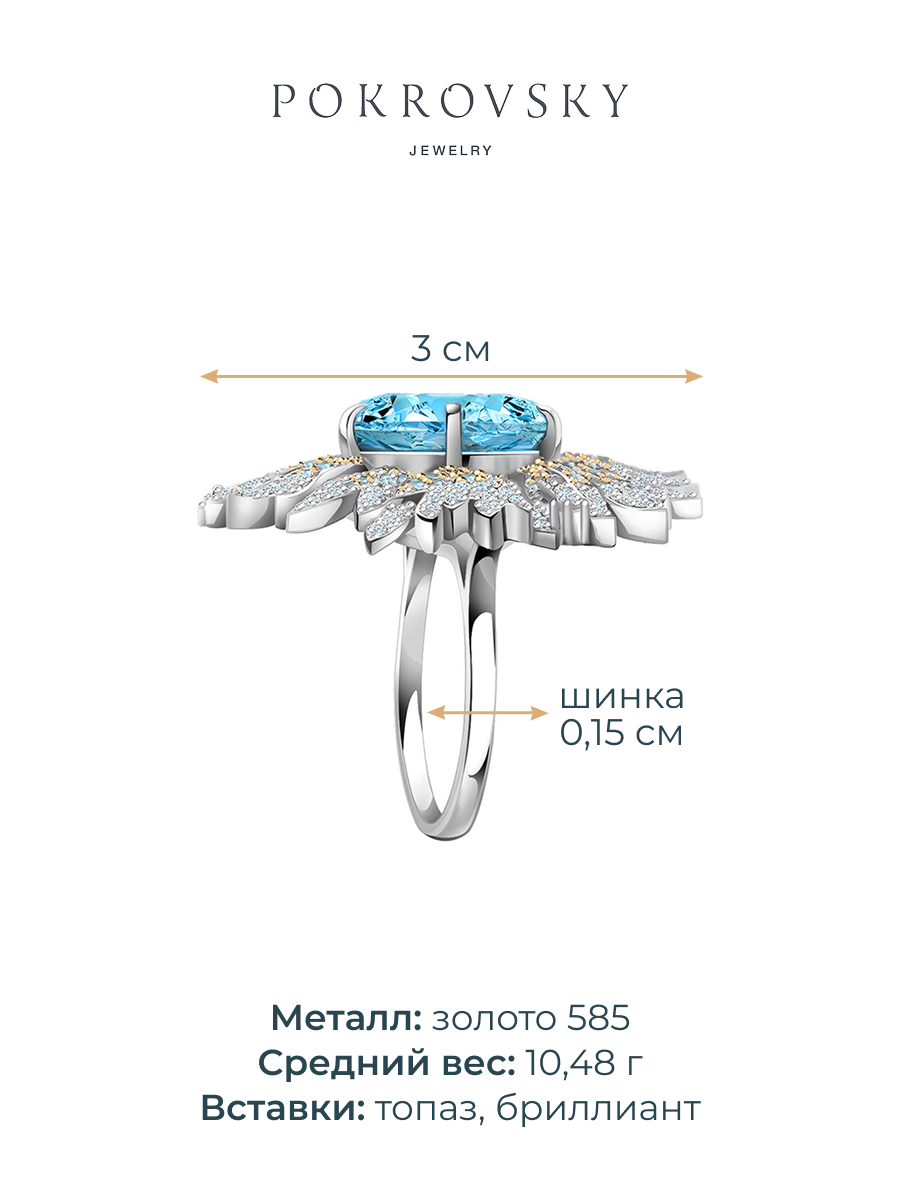 Эксклюзивное кольцо из белого золота 585 с небесно голубым топазом Sky Blue и бриллиантами