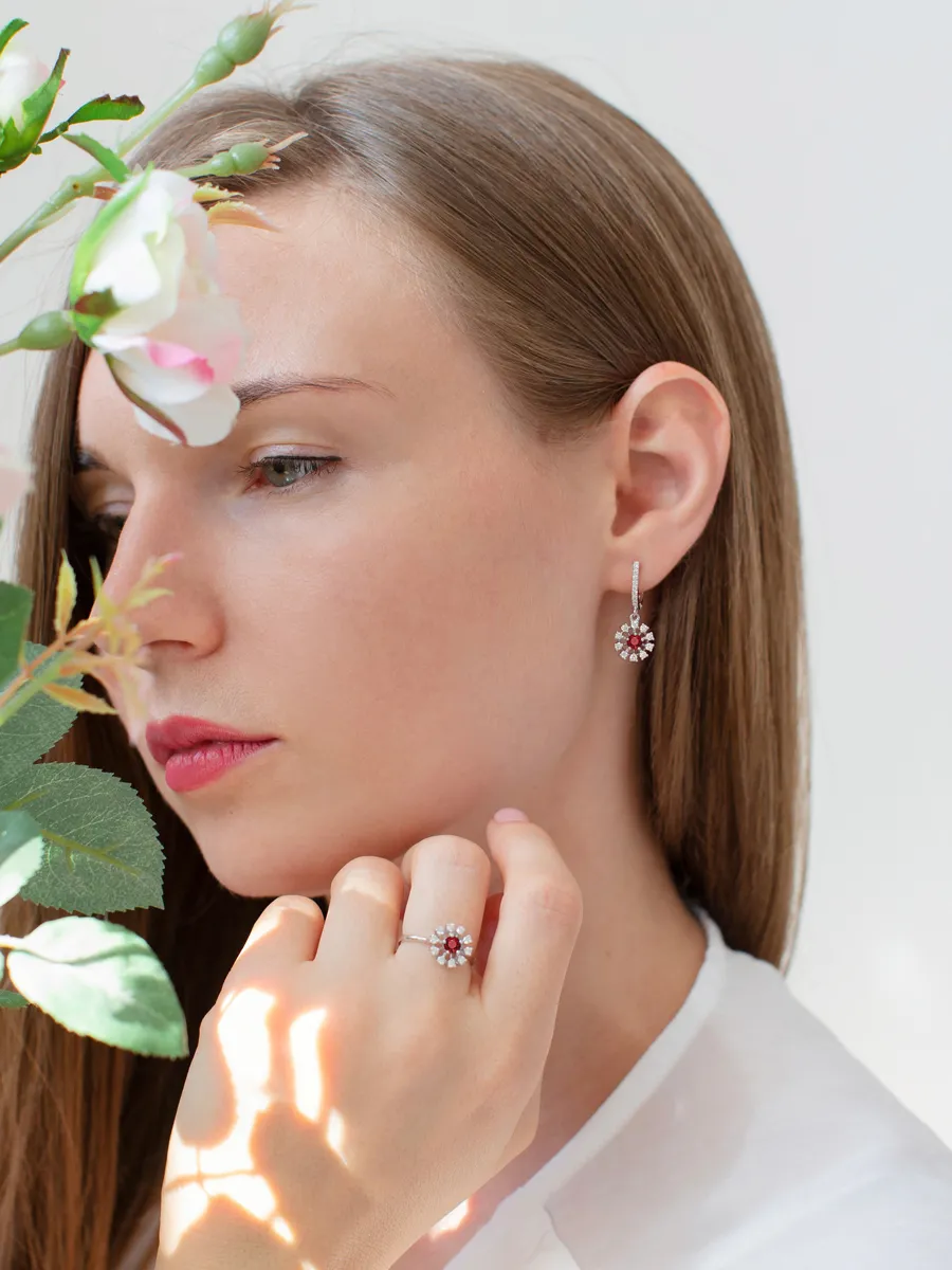 Серьги подвески из белого золота 585 с рубинами и бриллиантами 