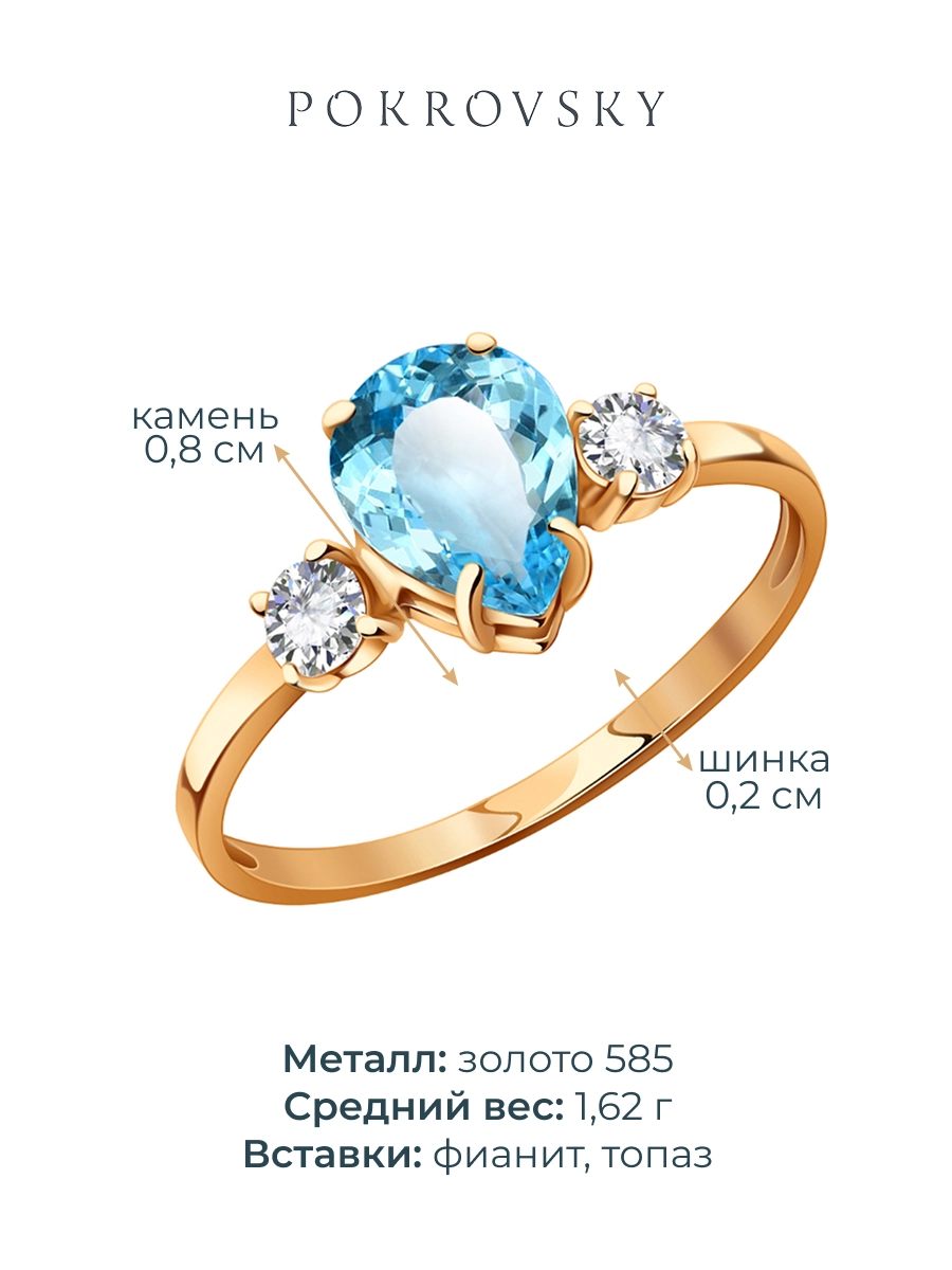 Кольцо золотое 585 с голубым топазом и фианитами