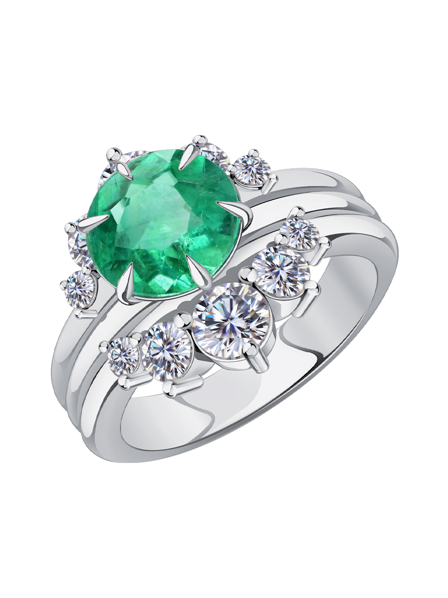 Кольцо из белого золота 585 с изумрудом и муассанитами