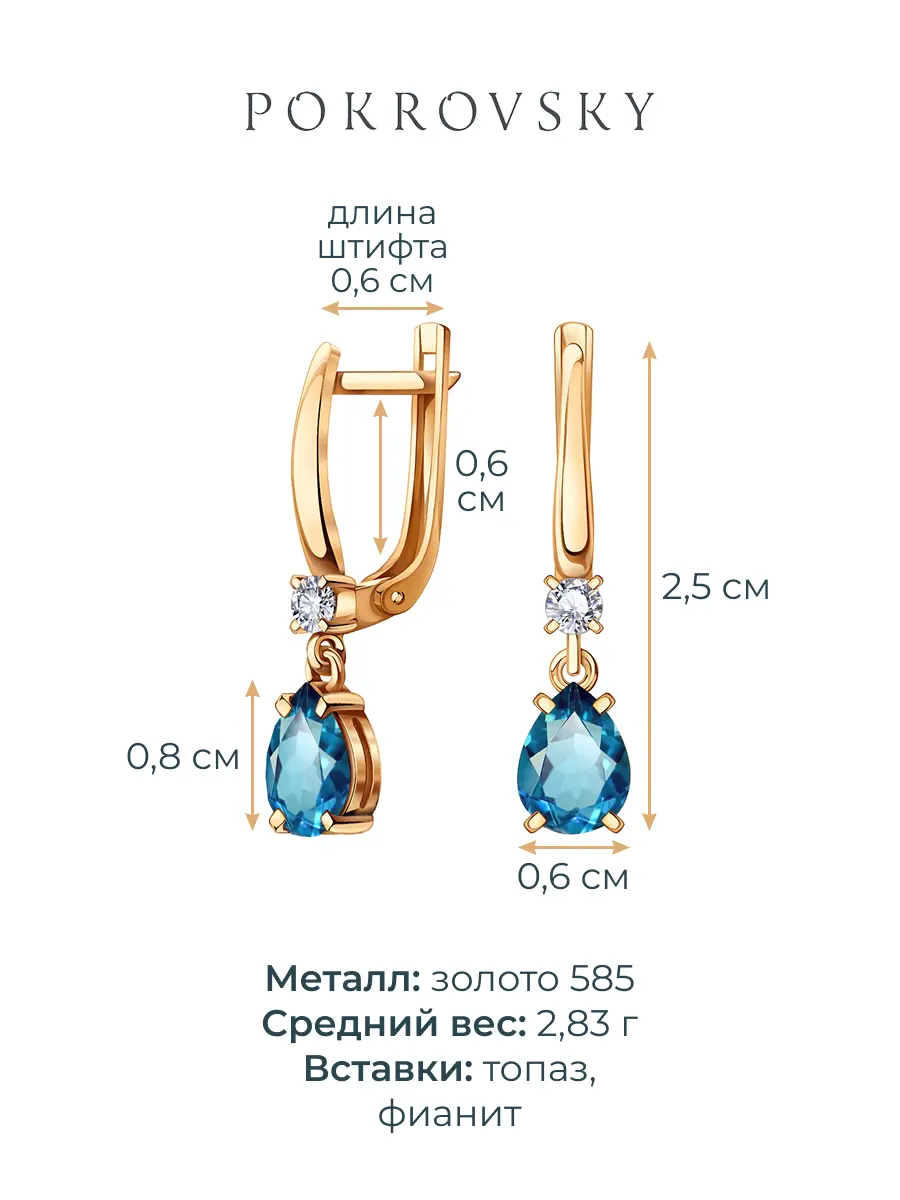 Серьги подвески золотые 585 с лондон‑блю топазами и фианитами 