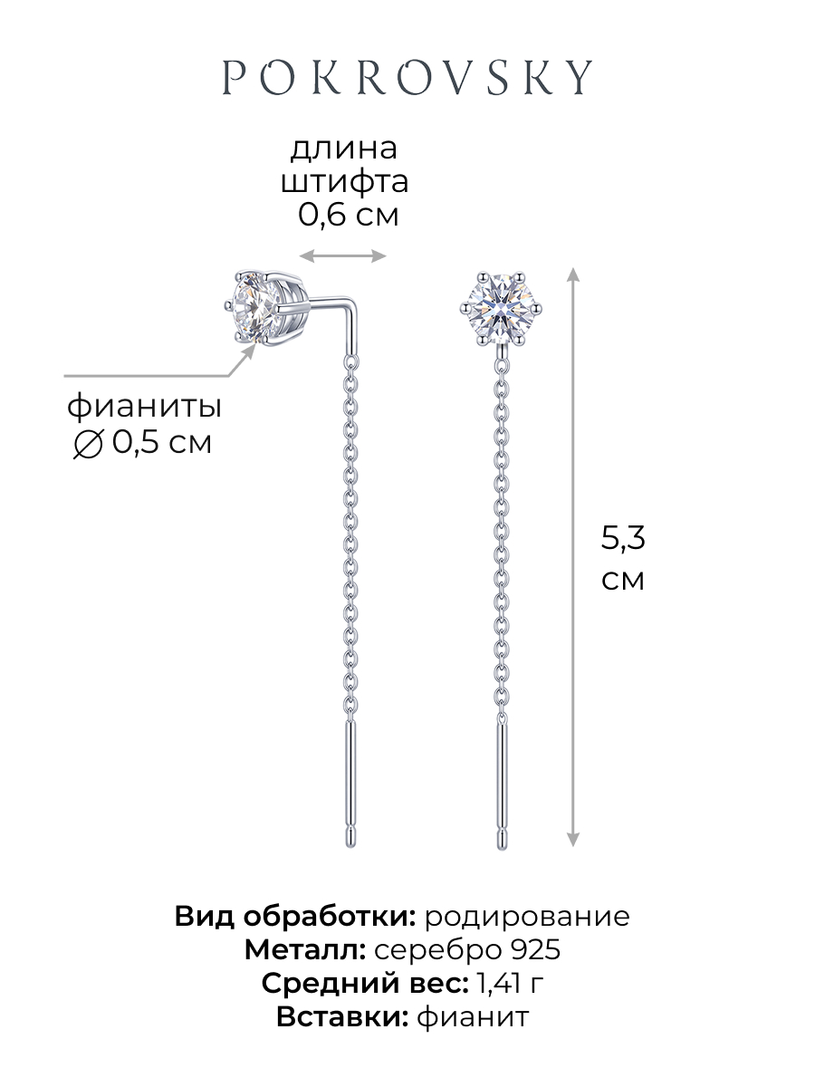 Серьги продевки серебряные 925 с фианитами 