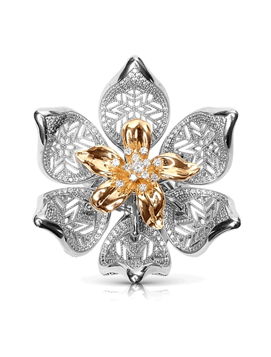 Кольцо эксклюзивное золотое 585 Бутон лотоса с бриллиантами и сапфирами