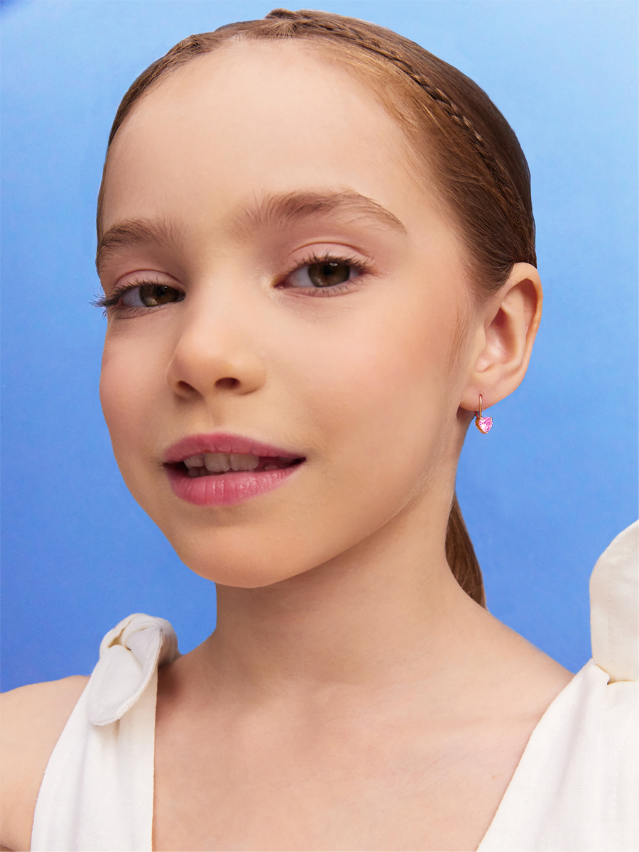 Серьги детские золотые 585 сердечки с камнями фианитами