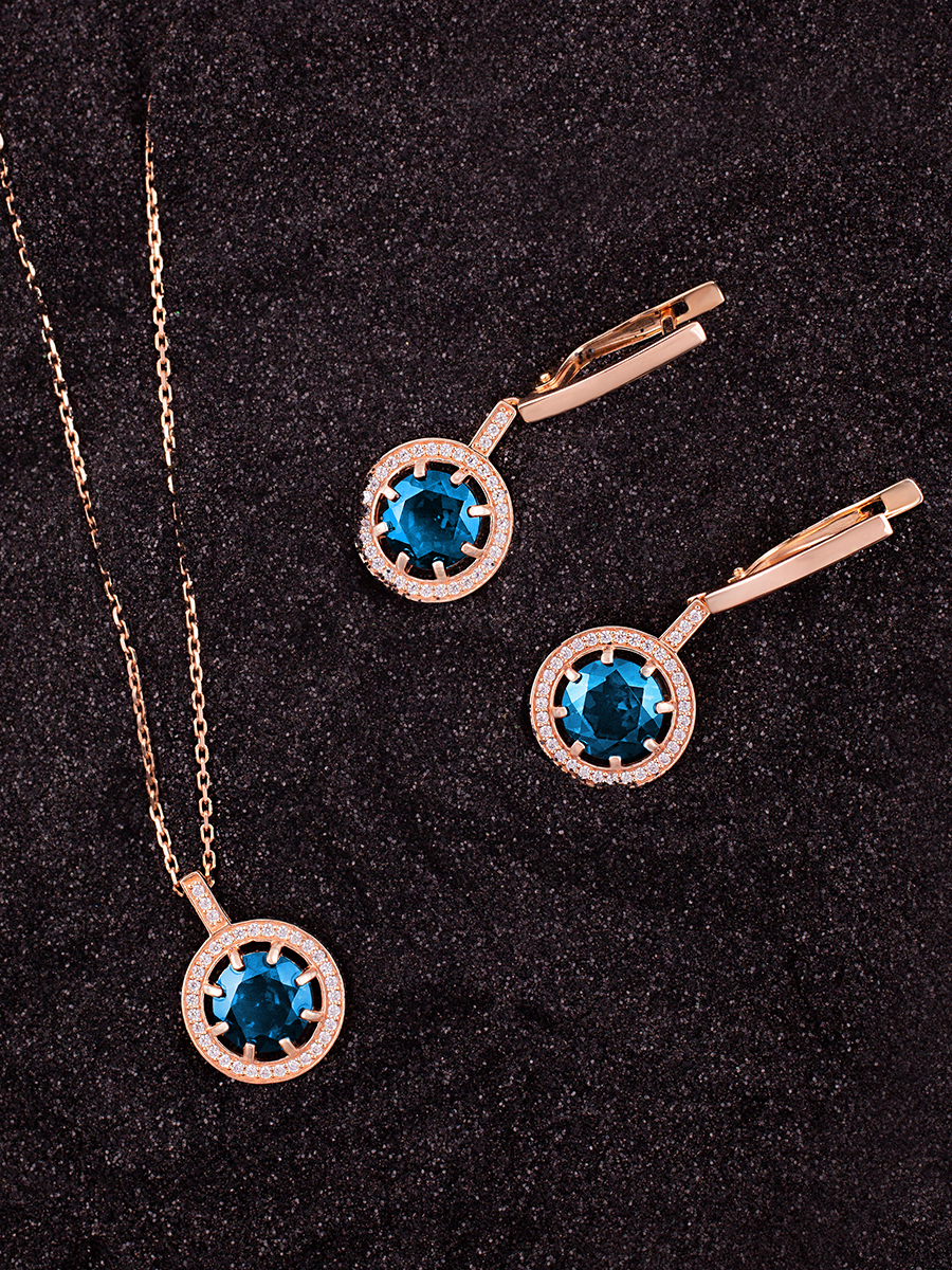 Серьги подвески золотые 585 с лондон‑блю топазами и фианитами 