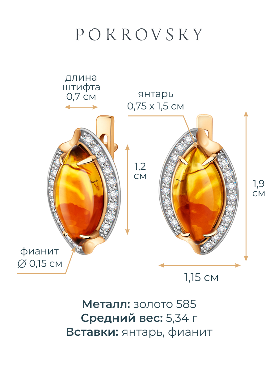 Серьги золотые 585 с янтарём и фианитами