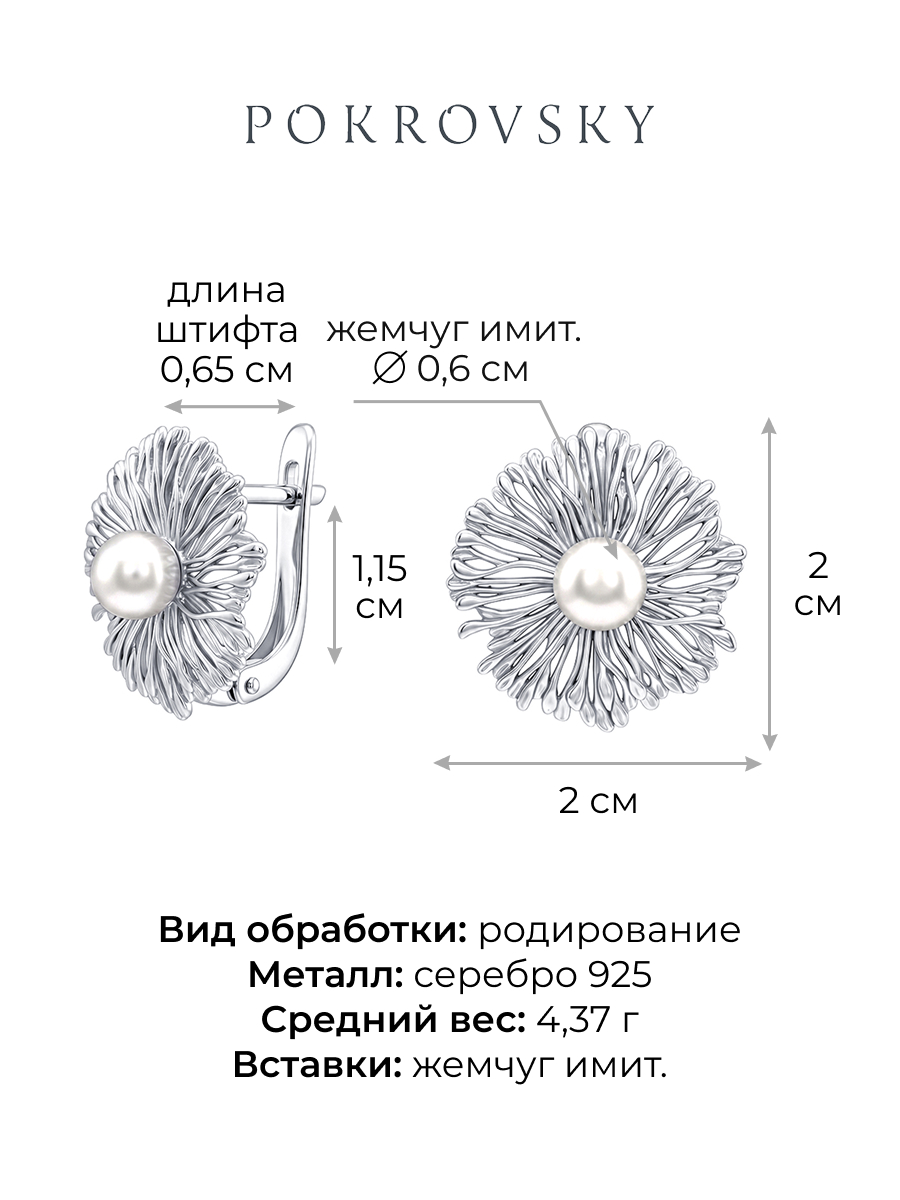 Серьги серебряные 925 цветы с жемчугом