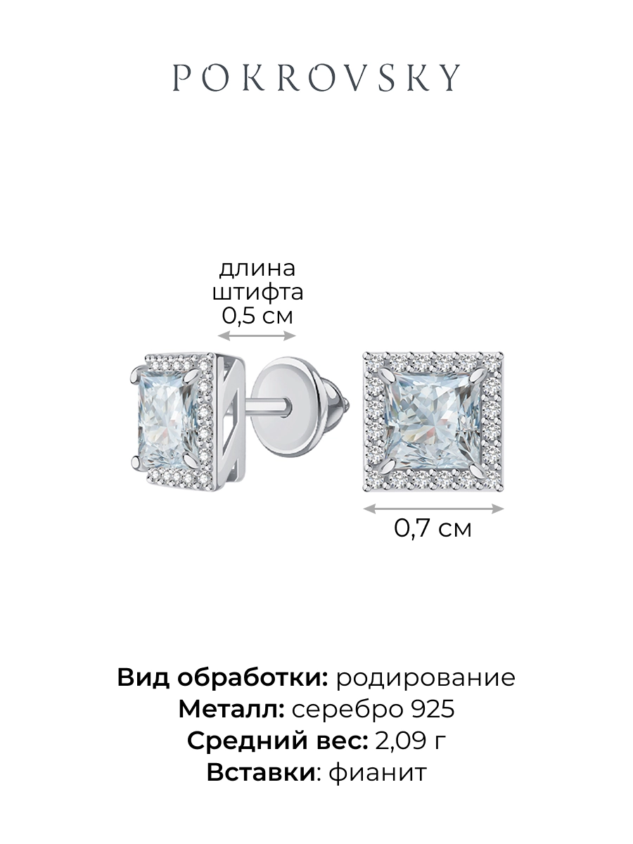 Серьги пусеты серебряные 925 с фианитами 