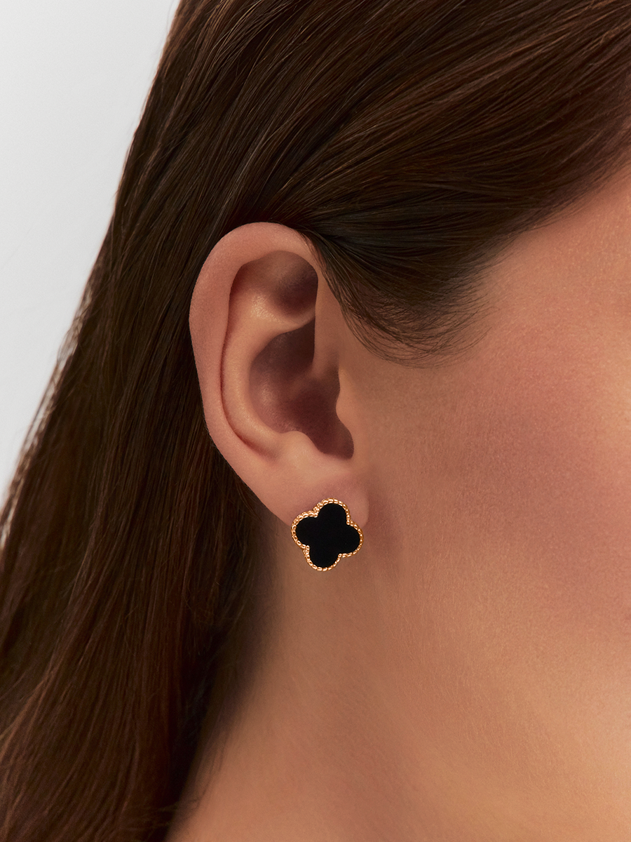 Серьги клевер золотые 585 с черным агатом 