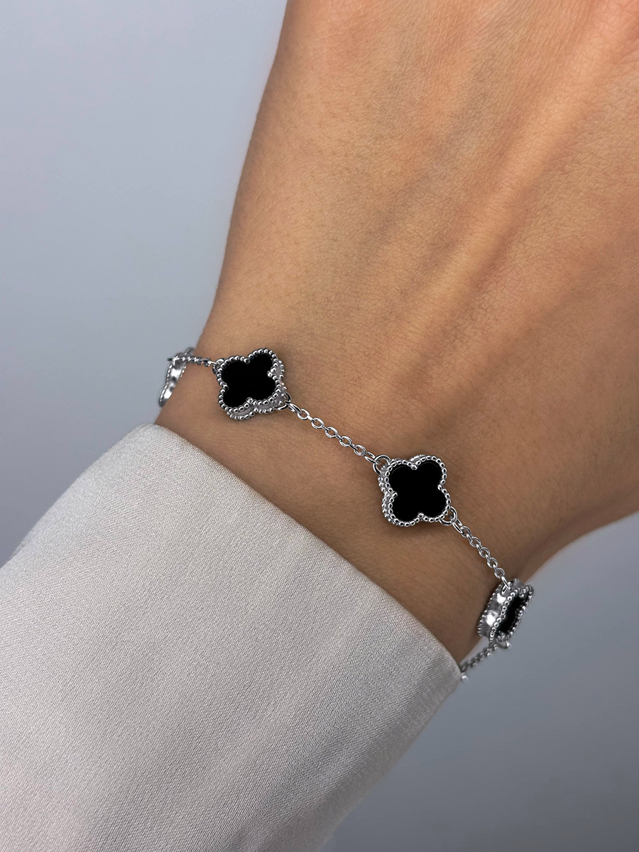 Браслет клевер серебряный 925 с черным агатом 