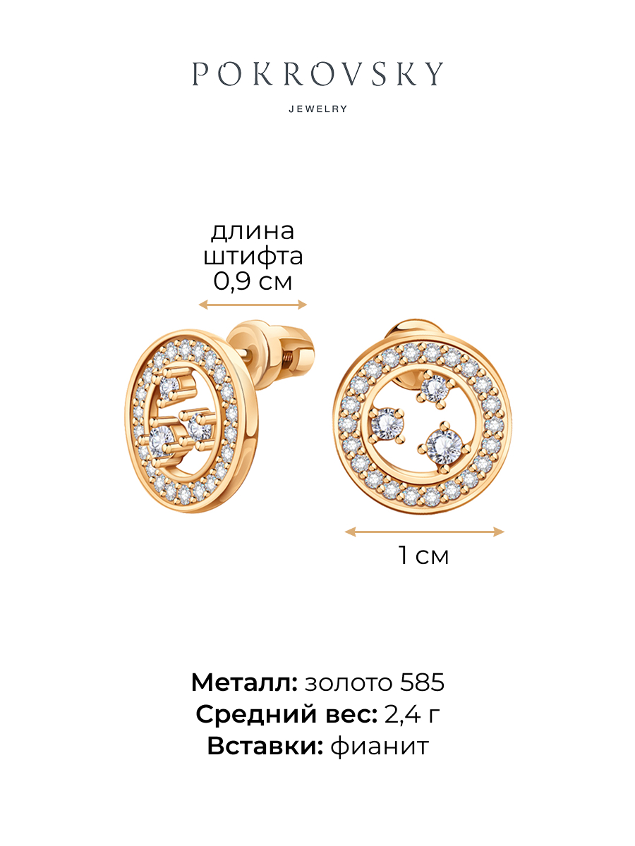 Серьги пусеты круглые золотые 585 с камнями фианитами