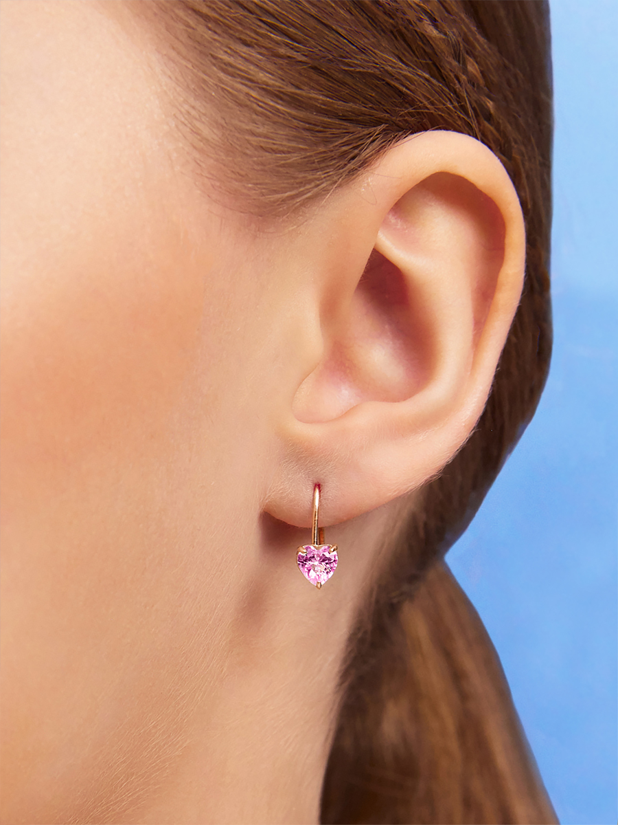 Серьги детские золотые 585 сердечки с камнями фианитами