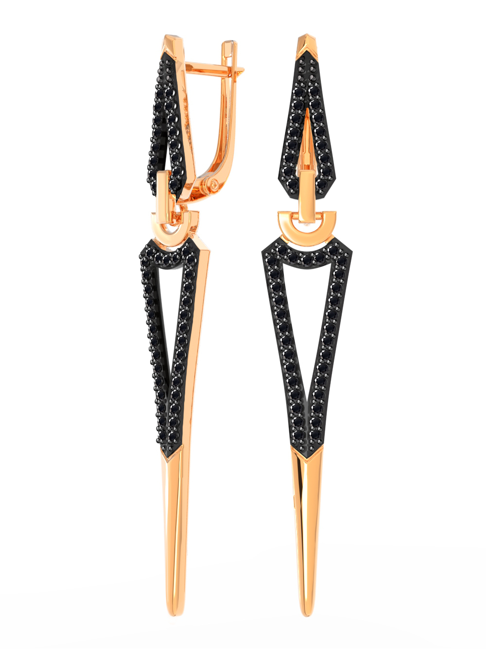 Серьги длинные золотые 585 с черными фианитами