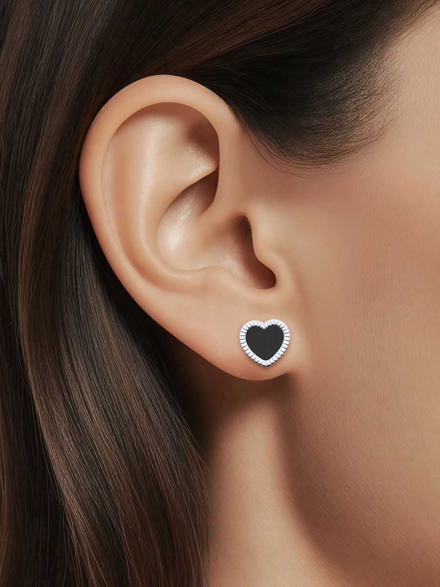 Серьги пусеты серебряные 925 сердца с черным агатом | 6001862-00185