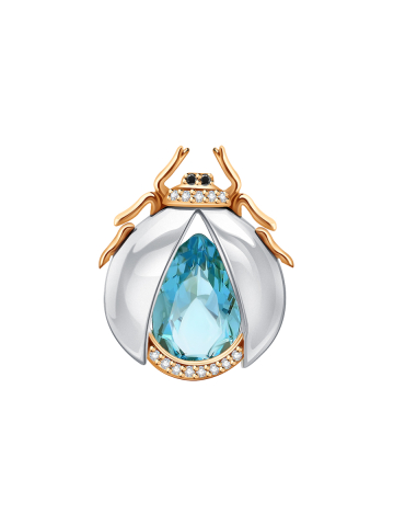 Брошь золотая 585 с небесно голубым топазом Sky Blue и фианитами