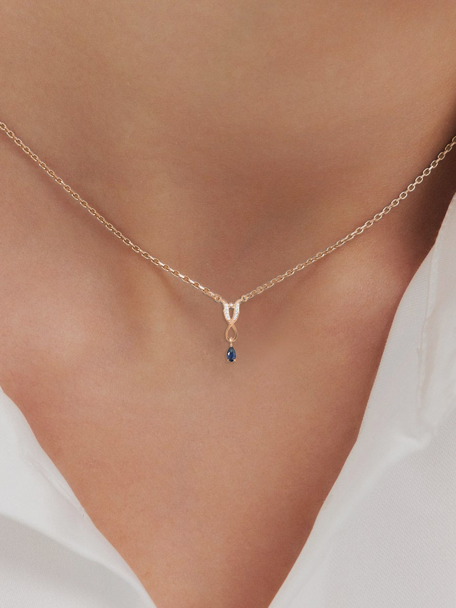 Колье золотое 585 подвеска капля с сапфиром и бриллиантами | 0320497-02710