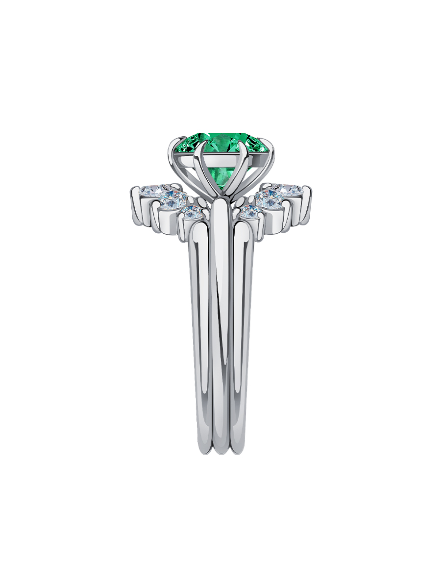 Кольцо из белого золота 585 с изумрудом и муассанитами | 9100895-05452