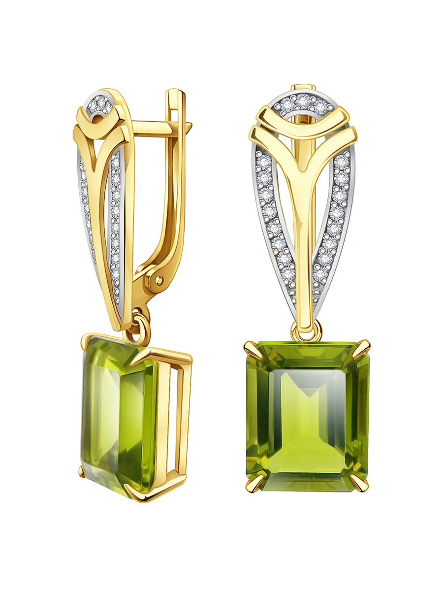 Серьги из жёлтого золота 585 с хризолитом и бриллиантами | 9201289-05891