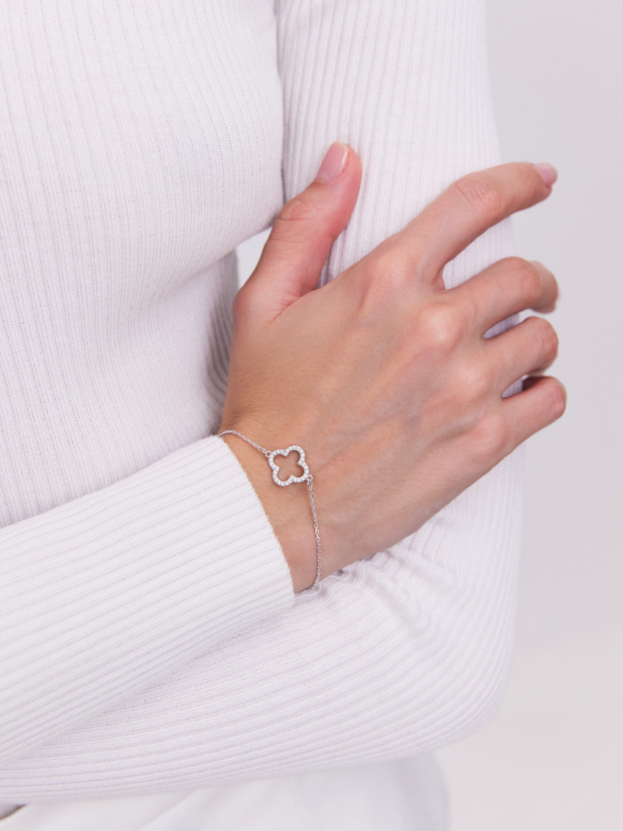 Браслет серебряный женский на руку 925 клевер с камнями фианитами | 0720711-00775